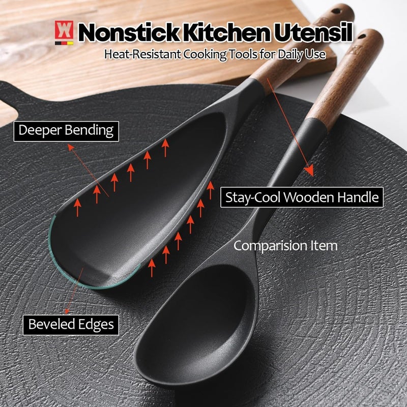 WAGENSTEIGER Silicone Long Head Cooking & Serving Spoon with Wooden Handles: Multi-Functional Design, Silicone Rounded Spatula for Mixing, Scoop, and Scrape, Great for Stir Frying - Image 2